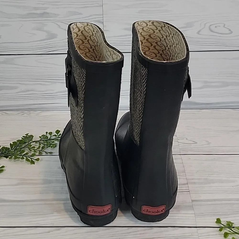Chooka Rainboots Classic mid-calf Racer Herrinbone Black Womens Size 9